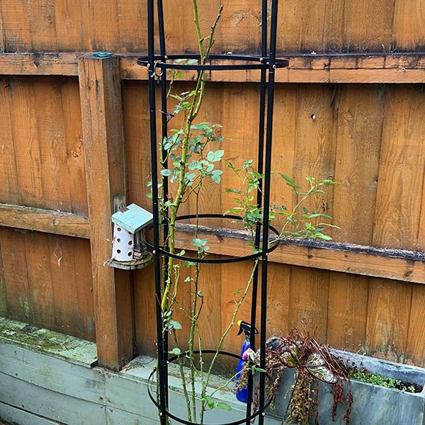 Handmade Recycled Metal 1.9m Black Metal Garden Obelisk: Climbing Plant Frame with Trellis for Vines and Floral Decor Weatherproof - Black