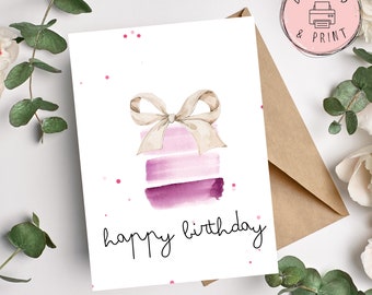 Happy Birthday Pink Cake w/bow Printable Card | Instant Download Simple Birthday Card Print | Printable Greeting Card