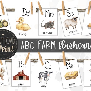 Printable Alphabet Flash Cards, Farm Theme, Classroom Decor, Toddlers Preschool Early Learning Resource, Nursery Decor, DIGITAL DOWNLOAD