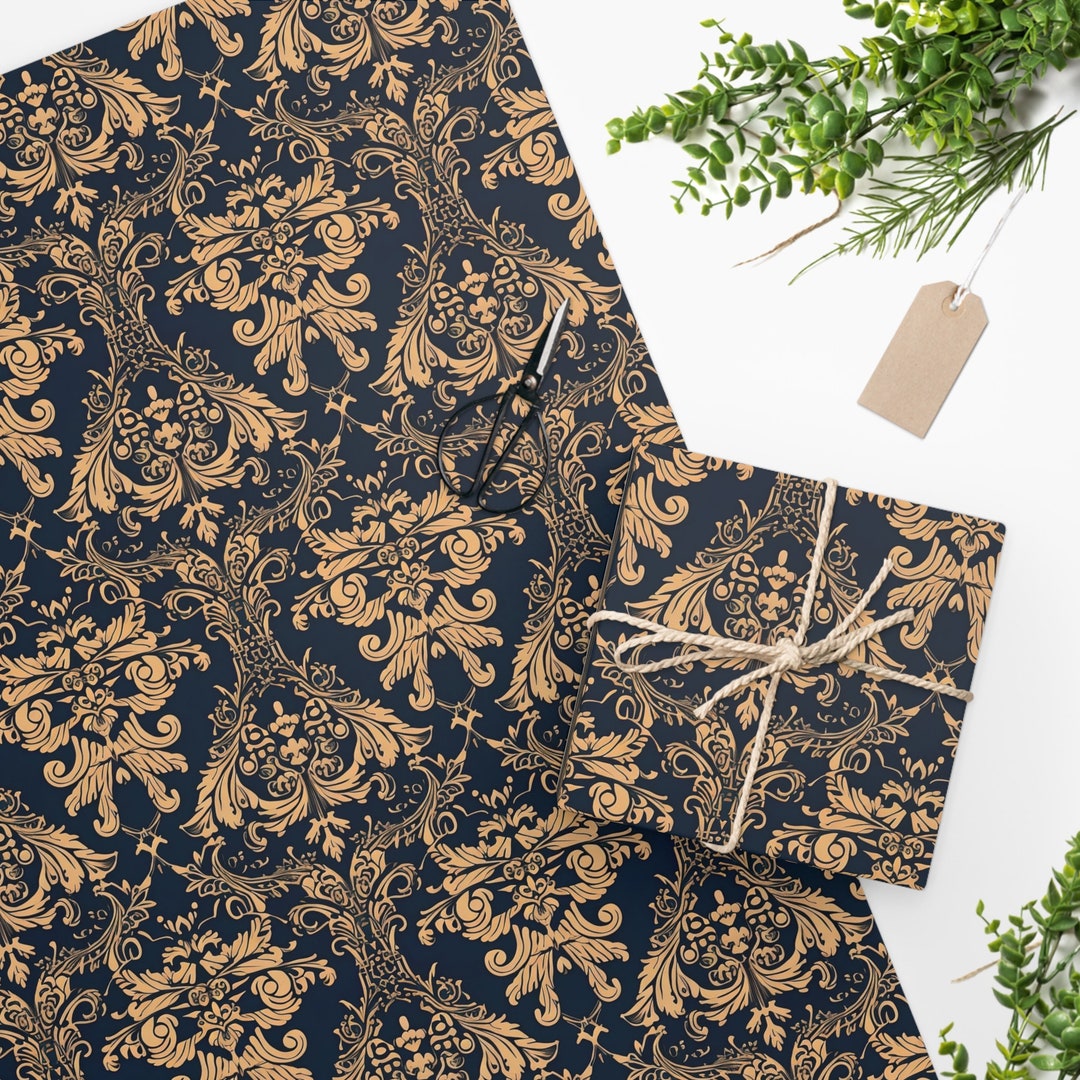 Ornate Blue and Gold Victorian Wallpaper Style Pattern Wrapping Paper Cloud Pattern Perfect for