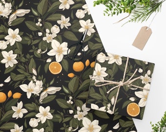 Jasmine and Orange Dark Floral Pattern Wrapping Paper Pattern Birthdays Christmas Gift Wrap Jasmine Flowers Oranges Christmas Wrapping Paper