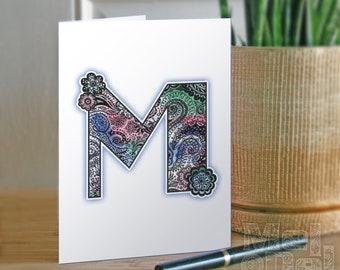Letter M Monogram Card, Floral Initial (Digital Download)