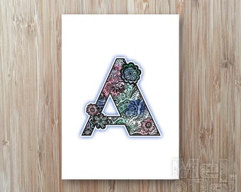 Letter A Monogram Card: Floral Initial Notelet (Digital Download)