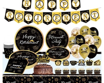 Happy Retirement Party Decorations Tableware Set - Black and Gold - Banner, Cake Toppers, Plates, Cups, Napkins, Balloons, Tablecloth