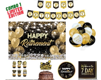 Retirement Party Decorations Tableware Vacation Set Combo 1 - Limited Edition - Black and Gold Backdrop, table cloth, plates, cake toppers