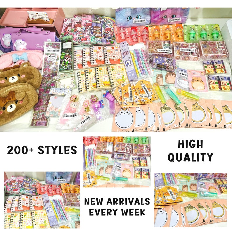 Puede incluir: Una colecci&oacute;n de art&iacute;culos de papeler&iacute;a coloridos, que incluyen cuadernos, bol&iacute;grafos, pegatinas y estuches. Los art&iacute;culos presentan dise&ntilde;os de animales lindos, como gatos y osos. El texto "200+ STYLES", "HIGH QUALITY" y "NEW ARRIVALS EVERY WEEK" es visible en la imagen.