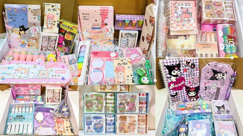 Puede incluir: Tres cajas llenas de art&iacute;culos de papeler&iacute;a coloridos. Las cajas contienen pegatinas, cinta washi, cuadernos, bol&iacute;grafos y otros suministros. Los art&iacute;culos presentan personajes de dibujos animados y dise&ntilde;os lindos.