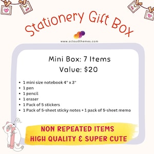 Op de afbeelding: Een briefpapier-cadeaubox met 7 items: een mini-notitieboek van 10,16 cm bij 7,62 cm, een pen, een potlood, een gum, een pakje met 5 stickers, een pakje met 5 memoblaadjes en een pakje met 5 memoblaadjes. De afbeelding toont een kat met een potlood.