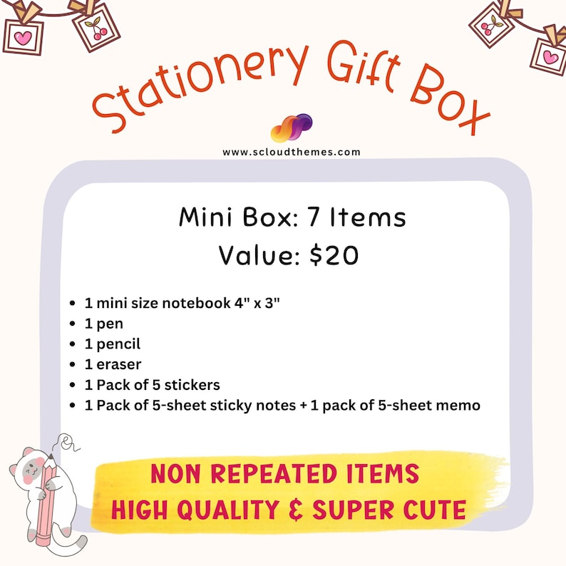 Op de afbeelding: Een briefpapier-cadeaubox met 7 items: een mini-notitieboek van 10,16 cm bij 7,62 cm, een pen, een potlood, een gum, een pakje met 5 stickers, een pakje met 5 memoblaadjes en een pakje met 5 memoblaadjes. De afbeelding toont een kat met een potlood.