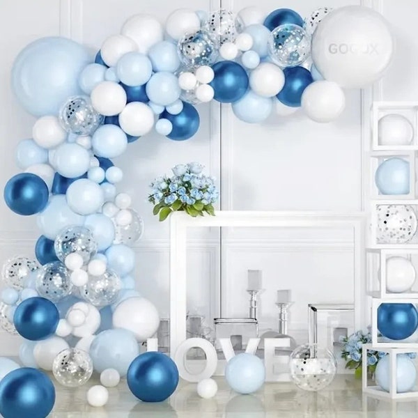 Baby Blue DIY Balloon Garland Kit - Baby Shower, Wedding, Birthdays, Events Decoration - Metal Blue, Blue, White, Confetti Balloons Garland