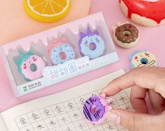 3 pcs cute unicorn - donut erasers set | Kids Eraser | Teach Gift | Promotion Gift | Graduation Gift | Food Lovers Gift | Stationery Erasers