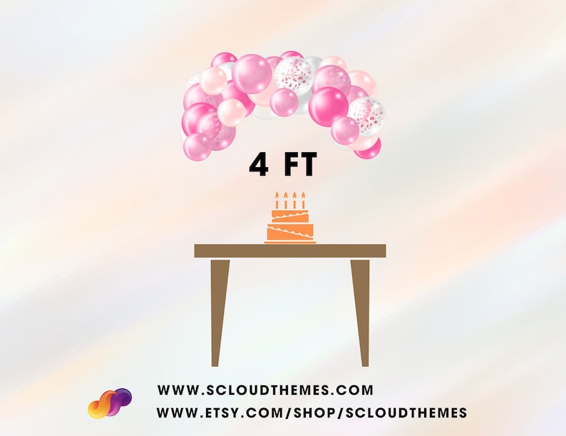 Pode incluir: Um arco de bal&otilde;es rosa e branco com 1,2 metros de largura, ideal para uma festa de anivers&aacute;rio. O arco &eacute; feito de uma variedade de bal&otilde;es, incluindo alguns com confete. Um pequeno bolo com velas fica em cima de uma mesa em frente ao arco.