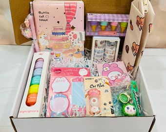 Kawaii Cat Stationery Gift Box Bundle | Preset Box of Notebooks,  Sticky Notes, Pens, Pencil, Keychain, Highlighter, Erasers,Memo, more