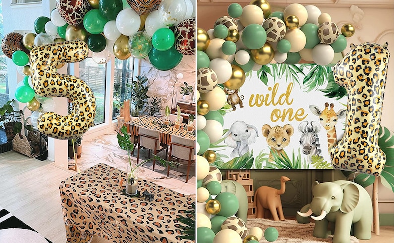 May include: A jungle-themed party decoration set with green, gold, and cream balloons, a leopard print number one balloon, and a sign that says "wild one".