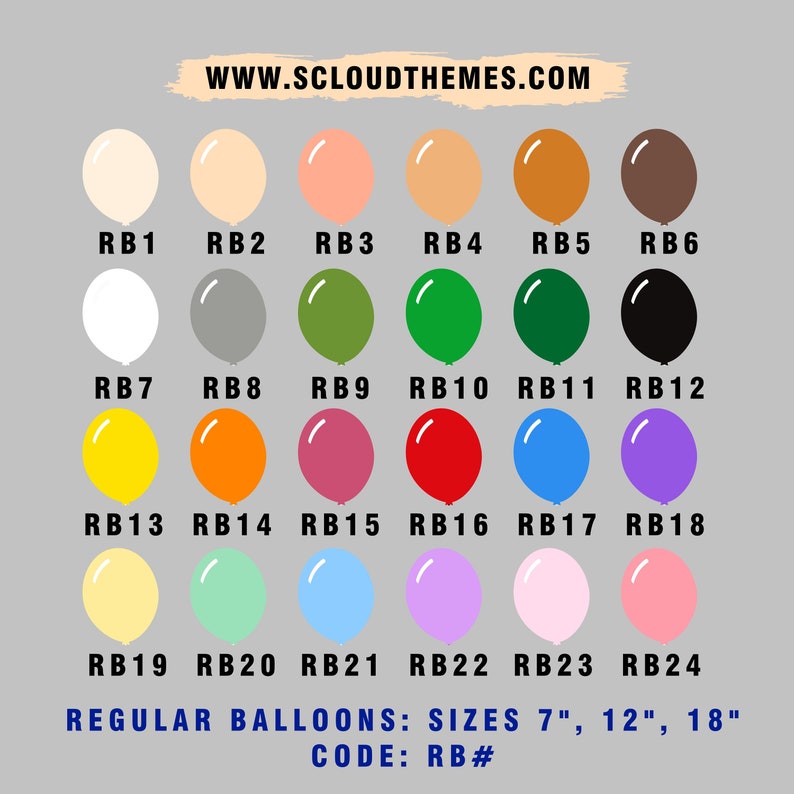 K&ouml;nnte beinhalten: Eine Farbkarte mit regul&auml;ren Luftballons in verschiedenen Farbt&ouml;nen, darunter Wei&szlig;, Rosa, Gr&uuml;n und Blau. Die Ballons sind mit RB1 bis RB24 beschriftet. Die Gr&ouml;&szlig;en sind 17,78 cm, 30,48 cm und 45,72 cm. Die Website www.scloudthemes.com wird angezeigt.