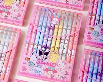 May include: A set of 12 pink and white gel pens with colorful ink. The pens feature various Sanrio characters, including Hello Kitty, My Melody, and Pompompurin. The packaging is pink with white polka dots and the text "Sanrio" and "12pcs".