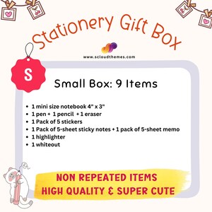Op de afbeelding: Een briefpapier cadeaupakket met de tekst Small Box: 9 Items, inclusief een mini notitieboek van 10,16 cm bij 7,62 cm, pen, potlood, gum, 5 stickers, memoblaadjes, notitieblok, markeerstift en correctievloeistof met een kattenillustratie.