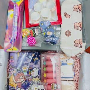 Op de afbeelding: Een briefpapier-set met een holografisch zakje met twee potloden, een rode zak met witte mini-bakjes, een cr&egrave;mekleurig etui met bruine berenafbeeldingen, een paars notitieboek met stripfiguren, roze wortelvormige gummen en memoblaadjes.