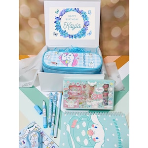 Personalized Name Stationery Gift Box - Kawaii Blue Ear Puppy Theme with Notebook Pencil Case Pens Highlighter - Custom Birthday Present Bild 1