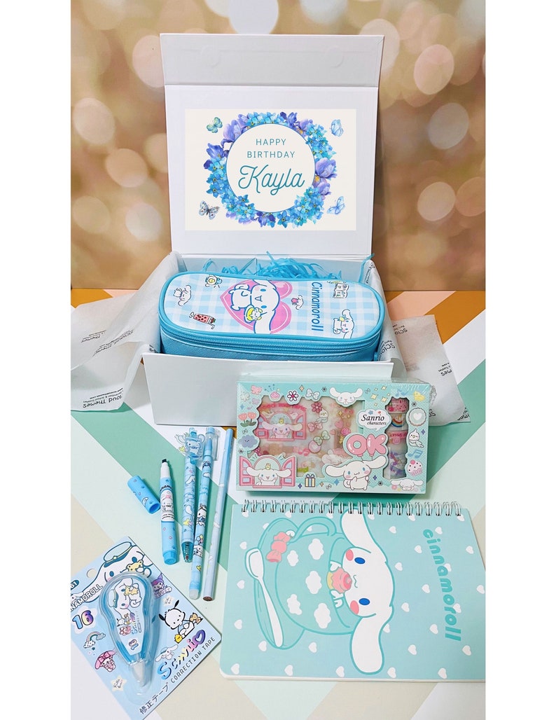 Personalized Name Stationery Gift Box - Kawaii Blue Ear Puppy Theme with Notebook Pencil Case Pens Highlighter - Custom Birthday Present Bild 1