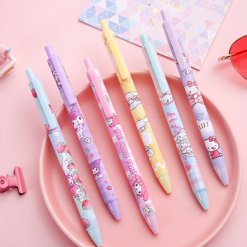 Set Of 6 Hello Kitty & Cinnamoroll Black Gel Pens - 0.5mm Tip, Japanese Anime Sanrio Theme