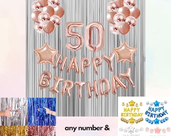 Any Number Happy Birthday Balloon DIY Kit |  Preset Balloons set | White, Rose Gold, Blue, Silver or Gold Choice + Star Balloons + Curtains