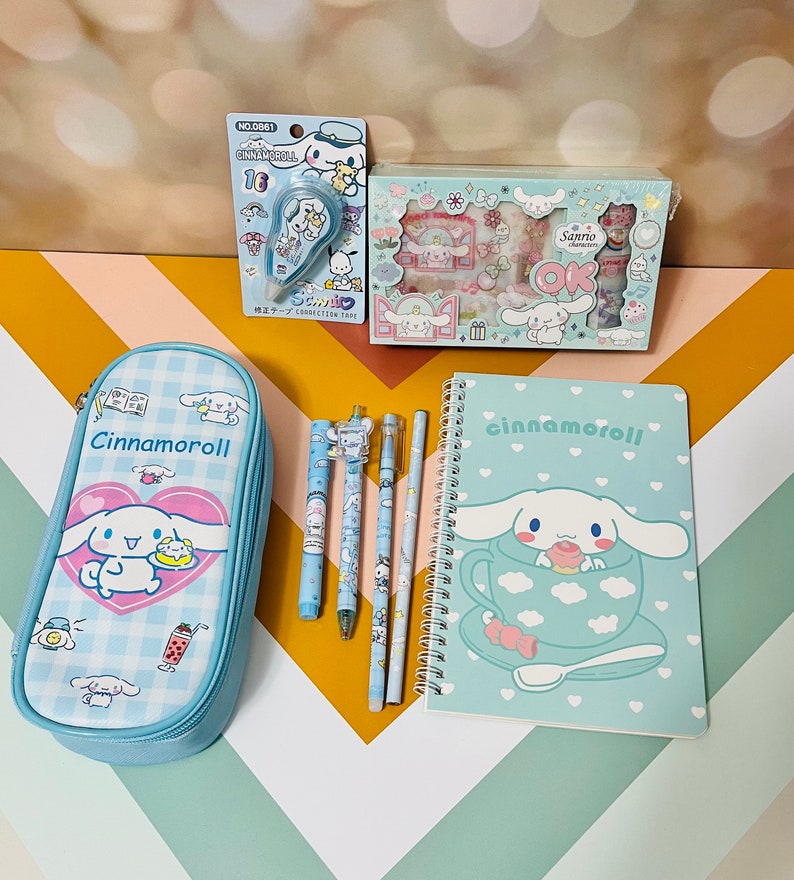 Personalized Name Stationery Gift Box - Kawaii Blue Ear Puppy Theme with Notebook Pencil Case Pens Highlighter - Custom Birthday Present Bild 2