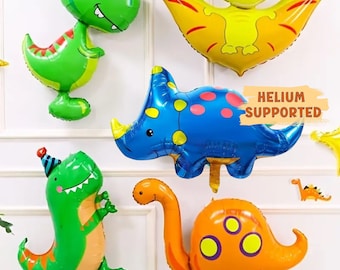 Dinosaur Party Balloons 5 Pack with Garland Add On, Three Rex Birthday Decor, Green Blue Red Dino Stomp Chomp Party Set