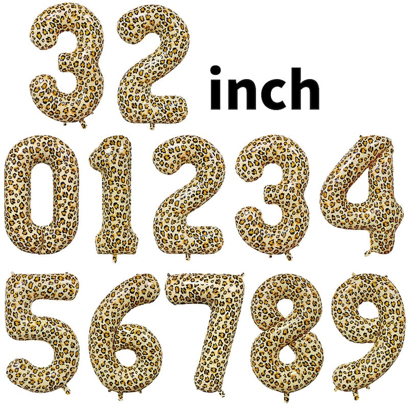 May include: Ten leopard print number balloons, 32 inches in size. The balloons are gold and brown with a leopard print pattern. The numbers are 0, 1, 2, 3, 4, 5, 6, 7, 8, and 9.