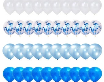 Blue - White Balloons - Set Of 40 - Blue White Metallic Confetti Latex Balloons - Birthday Party Balloon Decoration - Wedding Decoration