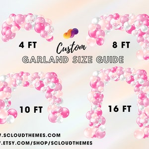 Pode incluir: Um guia de tamanhos para guirlandas de bal&otilde;es personalizadas, mostrando quatro tamanhos diferentes: 4 p&eacute;s, 8 p&eacute;s, 10 p&eacute;s e 16 p&eacute;s. As guirlandas s&atilde;o feitas com bal&otilde;es rosa, brancos e de confete. O texto "Custom Garland Size Guide" &eacute; exibido no centro da imagem.