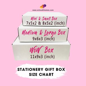 Puede incluir: Una tabla de tallas para cajas de regalo de papeler&iacute;a. La tabla muestra tres tama&ntilde;os diferentes de cajas: Mini & Small Box (7x5x2 & 8x5x2 pulgadas), Medium & Large Box (9x6x3 pulgadas) y WOW Box (11x9x3 pulgadas).