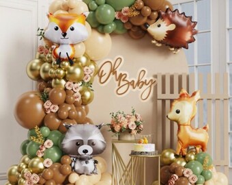 Woodland Animal Balloon Garland Kit, Deer Hedgehog Raccoon Forest Birthday Arch, Green Brown Camping Baby Shower Decor
