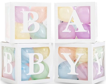 BABY Letter Balloon Boxes Set of 4, Clear Baby Shower Block Boxes with Balloons Option, Gender Reveal Photo Backdrop Decor