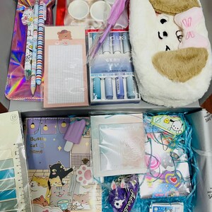 Op de afbeelding: Een briefpapier-cadeaubox met een pluche wit en bruin etui met een roze strik, een set pennen, een ruitjesblok met een berenicoon, een liniaal van 13 cm, een notitieboek met kattenillustraties, stickers en diverse kantoorbenodigdheden.