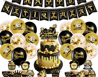 Happy Retirement Party Decorations Tableware Vacation Set - Black and Gold - Banners, cake toppers, and balloons