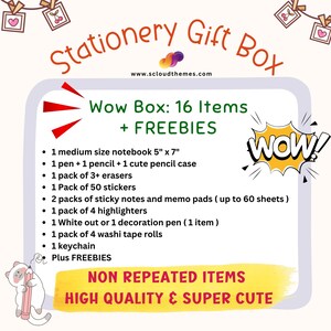 Op de afbeelding: Een advertentie voor een stationery cadeaupakket met de tekst Stationery Gift Box, Wow Box: 16 Items + FREEBIES, en een lijst met inhoud zoals een notitieboek van 12,7 cm bij 17,8 cm, pennen, potloden, gummen, stickers, memoblaadjes, markeerstiften en washi-tape.