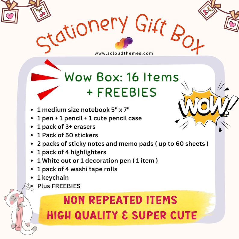 Op de afbeelding: Een advertentie voor een stationery cadeaupakket met de tekst Stationery Gift Box, Wow Box: 16 Items + FREEBIES, en een lijst met inhoud zoals een notitieboek van 12,7 cm bij 17,8 cm, pennen, potloden, gummen, stickers, memoblaadjes, markeerstiften en washi-tape.
