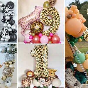 May include: A collage of images featuring leopard print balloons in various shapes and sizes. The balloons are used to create a jungle-themed party decoration. The images show different arrangements of the balloons, including a number 16, a number 3, and a number 1.