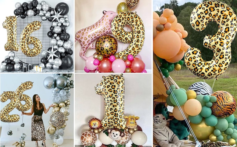 May include: A collage of images featuring leopard print balloons in various shapes and sizes. The balloons are used to create a jungle-themed party decoration. The images show different arrangements of the balloons, including a number 16, a number 3, and a number 1.