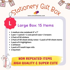 Op de afbeelding: Een grote Stationery Gift Box met 15 items: een notitieboek van 12,7 cm x 17,8 cm, een pen, potlood, etui, twee gummen, 50 stickers, 40 memoblaadjes, 40 notitieblaadjes, vier markeerstiften, correctievloeistof, vijf rollen washi tape en een sleutelhanger.