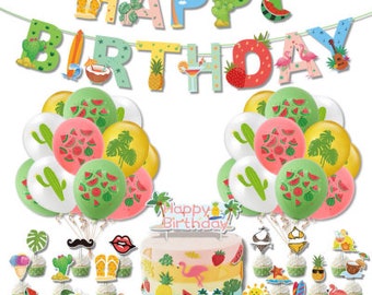 May include: A colorful 'Happy Birthday' banner with tropical and watermelon designs, surrounded by balloons and cupcakes with various decorations. The banner is strung with a white string. The cupcakes are decorated with a variety of themes, including flamingos, pineapples, and watermelon slices. There is a cake in the center with a flamingo on top and the words 'Happy Birthday' written on it.