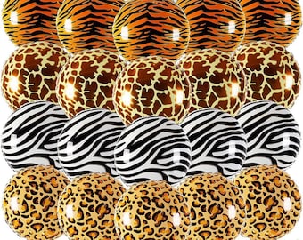 Juego de globos con estampado animal de 56 cm (22") para temática de bosque y jungla: 5 globos de cada estilo o un juego de 20 globos en 4 estilos: cebra, leopardo, tigre y jirafa.