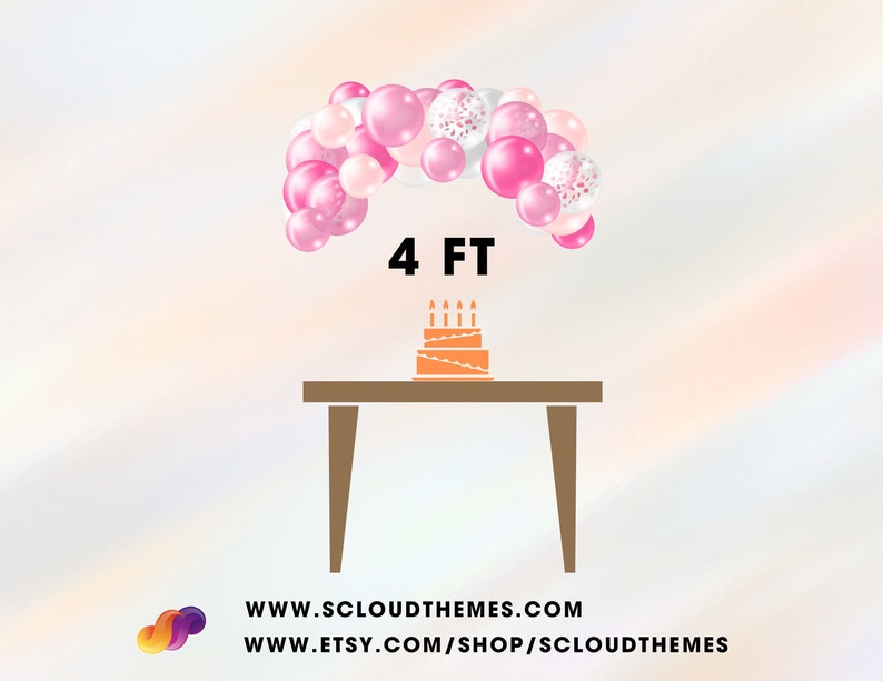 K&ouml;nnte beinhalten: Eine Geburtstagsparty-Szene mit einem rosa-wei&szlig;en Ballonbogen, 122 cm breit, &uuml;ber einem Tisch. Auf dem Tisch steht ein orangefarbener Kuchen mit brennenden Kerzen. Der Text "4 FT" und Webseitenadressen sind enthalten.