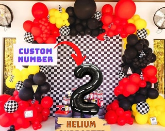 Race Car Balloon Garland 106 pcs with Number Balloon, Black Red Checkered Flag Arch, Two Fast Birthday Racing Party Decor