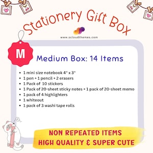 Op de afbeelding: Een Stationery Gift Box advertentie met een lijst van 14 items waaronder een notitieboek van 10 cm bij 8 cm, pen, potlood, gummen, stickers, plakbriefjes, memoblaadjes, markeerstiften, correctievloeistof en washi tape, met een kat illustratie.