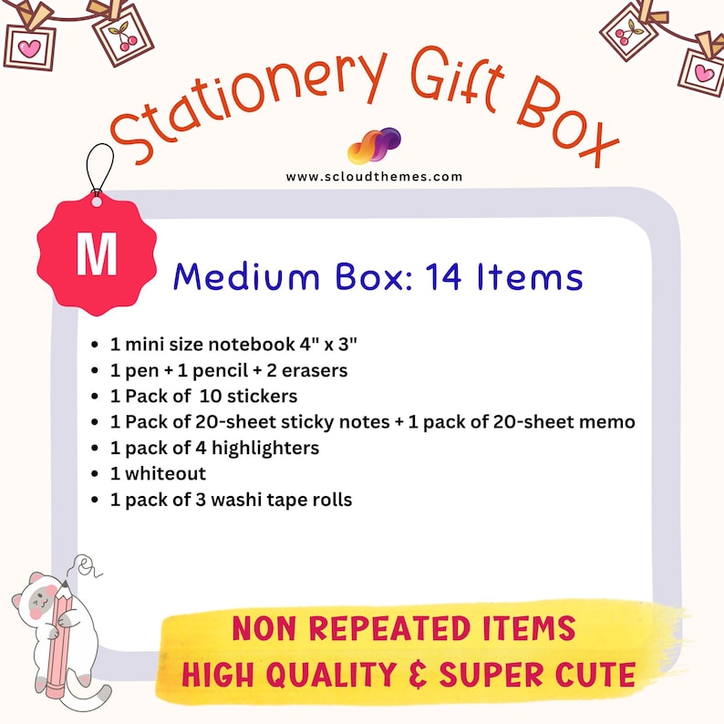 Op de afbeelding: Een Stationery Gift Box advertentie met een lijst van 14 items waaronder een notitieboek van 10 cm bij 8 cm, pen, potlood, gummen, stickers, plakbriefjes, memoblaadjes, markeerstiften, correctievloeistof en washi tape, met een kat illustratie.