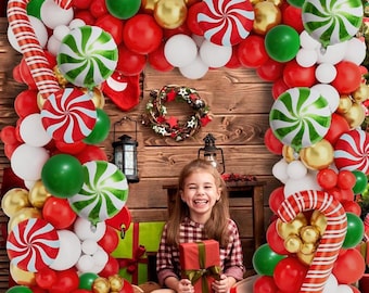 Christmas Balloon Garland Kit, Red Green White Gold Candy Cane Arch in 4 8 or 10 ft, Holiday Party Winter Birthday Decor