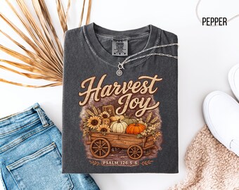 Harvest Joy pumpkin wagon shirt | Fall sunflower Thanksgiving tee PSALM 126:5-6, Bible verse fall T-shirt, Christian faith
