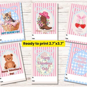May include: Set of six Valentine's Day cards with various designs. Each card features a pink and white striped background and a unique illustration, including a kitten in a basket, a cowboy boot, cherries, a teddy bear, floral design, and a heart. The cards are 2.7" x 3.7" and read "Happy Valentine's Day!"